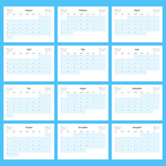 Monthly Calendar Planner for 2016. Print Template Set of 12 Months. Week Starts Sunday. Vector Illustration