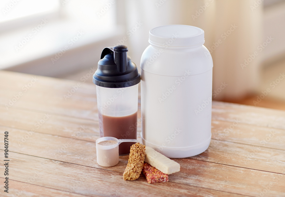 Wall mural close up of protein food and additives on table