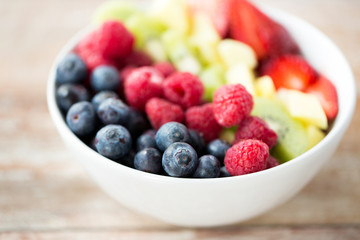 close up of fruits and berries in bowl on table