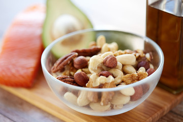 close up of nut mix in glass bowl on table