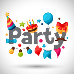 Carnival show and party greeting card with celebration objects