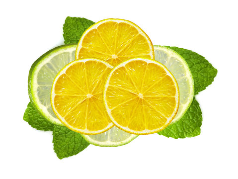 fresh slices lime and lemon with leaf mint isolated on white