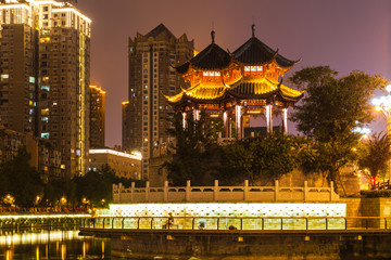 Naklejka na ściany i meble Night view of Hejiang Pavilion in Chengdu