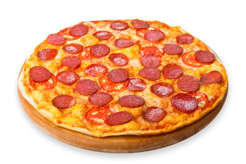Delicious pizza with pepperoni and tomatoes