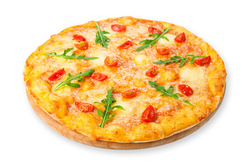Delicious pizza with cherry tomatoes, mozzarella and fresh arugu