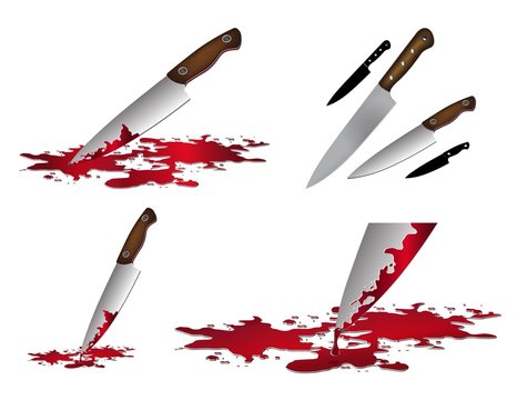 Realistic Bloody Knife. Knife With Blood Vector Illustration Set.