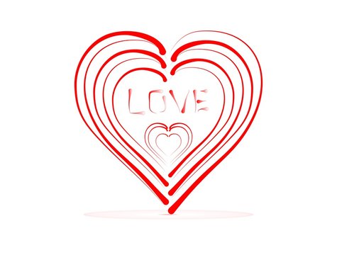 Small red hearts in a large heart with the word love with red shadow on white background