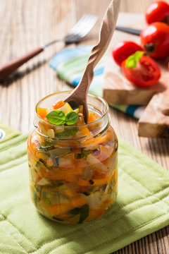 Homemade healthy vegetable  preserves in glass jar