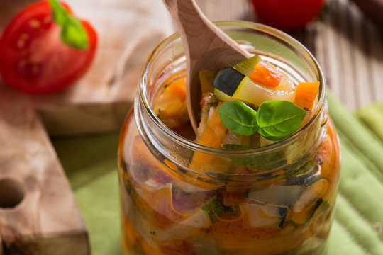 Homemade healthy vegetable  preserves in glass jar