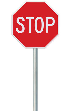 Red Stop Sign, Isolated Traffic Regulatory Warning Signage Octagon, White Octagonal Frame, Metallic Post, Large Detailed Vertical Closeup