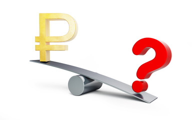 sign of the wood ruble on the scales with a question mark