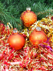 orange Christmas balls, red tinsel on Xmas tree 7