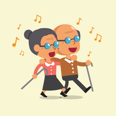 Cartoon old man and old woman walking and singing together for design.
