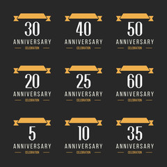 Vector set of anniversary signs, symbols. 5,10, 20, 25, 30, 35, 40, 50,60 years jubilee design elements collection. 5th,10th, 20th, 25th, 30th, 35th, 40th, 50th,60th anniversary logos.