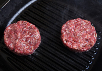 Fresh meat cutlets in a frying pan grill