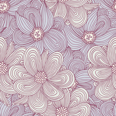 Cotton fabric Doodle style flowers seamless pattern. Floral textile background. Fashionable doodle print