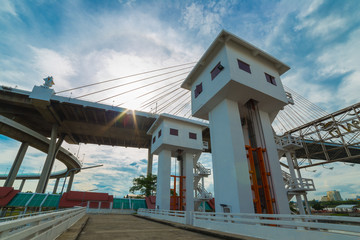 Klong ladpho flood way and Bhumiphol bridge across Chaopraya river in Thailand.