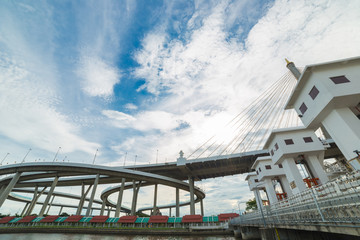 Klong ladpho flood way and Bhumiphol bridge across Chaopraya river in Thailand.