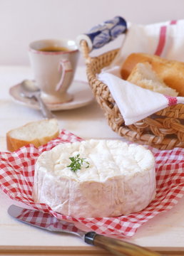  Camembert cheese, baguette and cup of coffee
