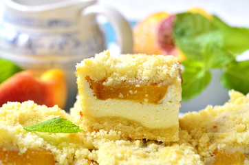 Pieces of peach pie with curd.