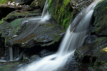 Fototapeta premium Double Waterfalls and Green Moss Covered Rocks