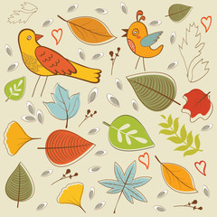 Autumn pattern with birds, flowers and leaves