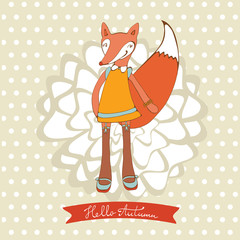 Hello autumn elegant card with cute fox character