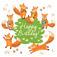 Happy birthday card with cute foxes in vector