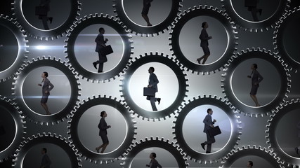 Business people running and turning cogs