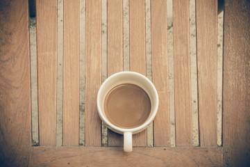 cup of coffee on brown desk, vintage style