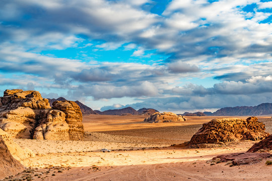 Jordanian desert in Wadi Rum, southern Jordan 60 km to the east of Aqaba. Wadi Rum has led to its designation as a UNESCO World Heritage Site and is known as The Valley of the Moon.