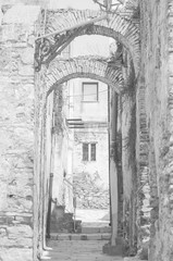 Fototapeta na wymiar beautiful Old City medieval streets in europe black and white