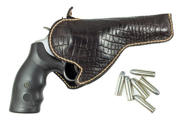 chrome gun .38 mm in holster isolated on white background