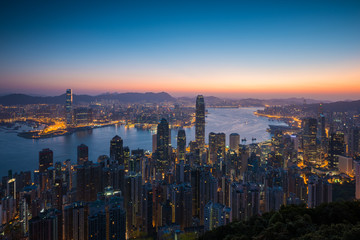 Sunrise cityscape on the peak  in Hong Kong Island.