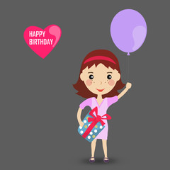 Happygirl with a balloon in purple dress. Happy Birthday card. C