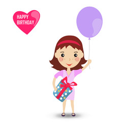 Happygirl with a balloon in purple dress. Happy Birthday card. C
