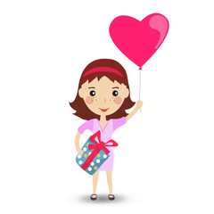 Happy girl with a balloon in the form of a heart in purple dress