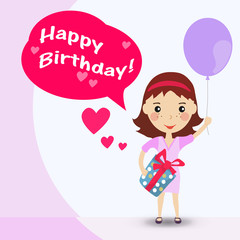 Happy girl with  a balloon in purple dress. Happy Birthday card.