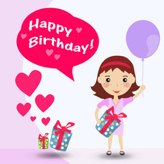 Happy girl with a gifts, hearts, gift box. Happy Birthday card.