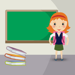 Back to school design. a girl student stands in front of the bla