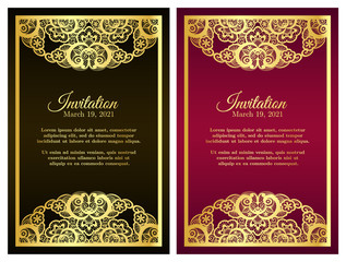 Vintage red invitation cover with golden lace decoration