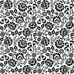 Seamless Polish folk art black floral pattern - wzory lowickie, wycinanki  - 90440716