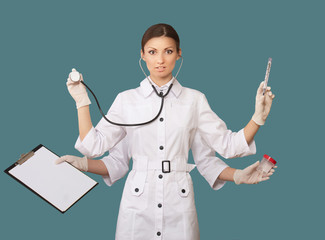 Portrait of a nurse with many hands, concept