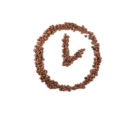 Clock made of coffee beans on a white background