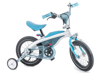 blue children's tricycle on a white background