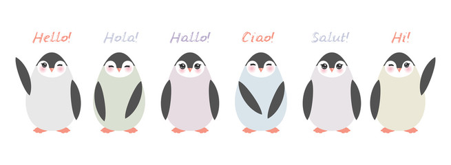 Obraz premium Funny penguins on white background. Hello in English Spanish