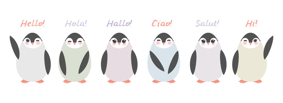 Funny penguins on white background. Hello in English Spanish