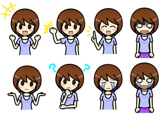 シンプルキャラクター　会話・表情イラスト集　女性（半袖）その２