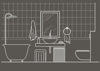 architectural linear sketch bathroom interior front view on gray background