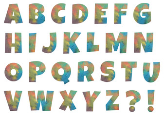 Alphabet letters made from powder of colored chalks isolated on